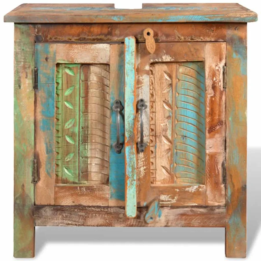 Ensemble meuble sous vasque et miroir en bois massif recyclé - 6
