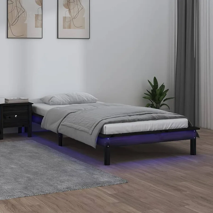 Cadre de lit à LED sans matelas noir 90x200 cm bois massif