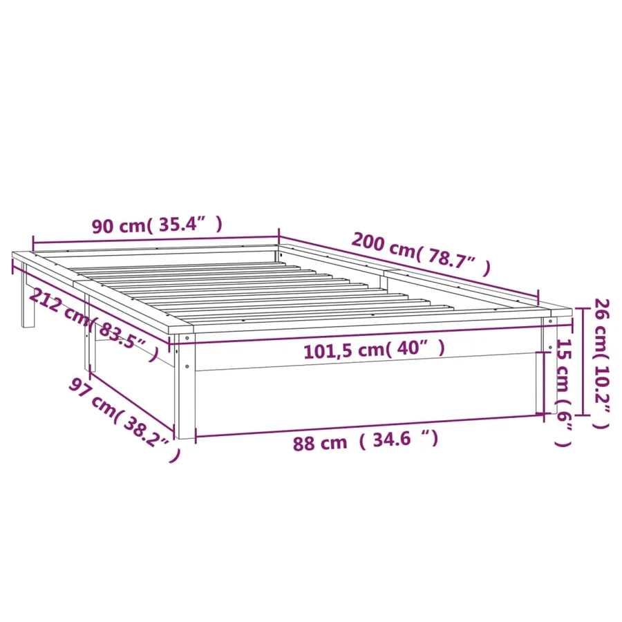 Cadre de lit à LED sans matelas noir 90x200 cm bois massif - 13