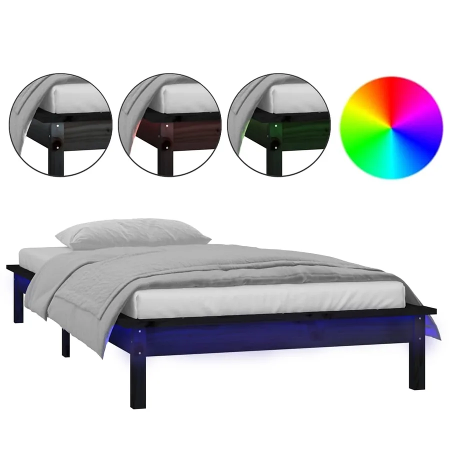 Cadre de lit à LED sans matelas noir 90x200 cm bois massif - 2