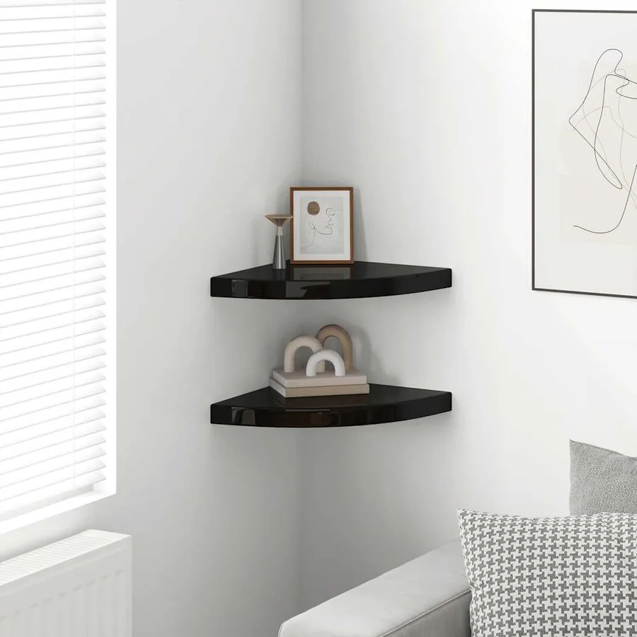 Étagères d'angle flottantes 2pcs noir brillant 35x35x3,8 cm MDF - 3