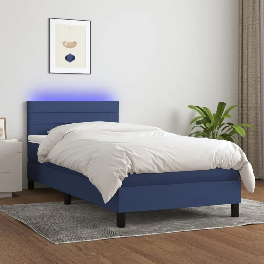 Sommier à lattes de lit avec matelas LED Bleu 90x200 cm Tissu