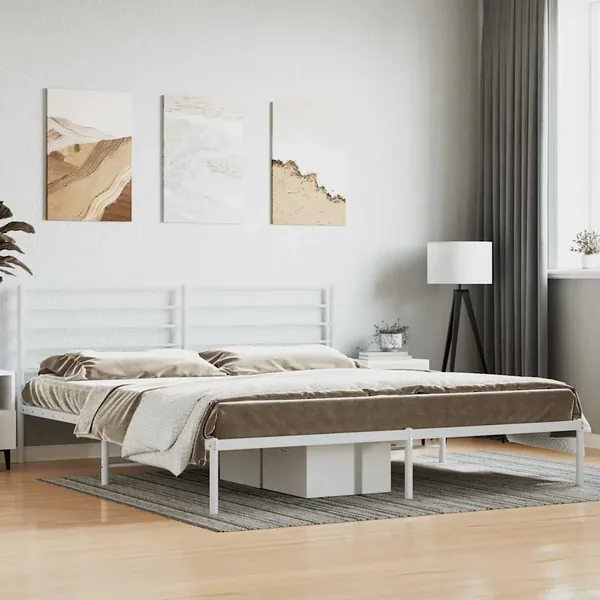 Cadre de lit métal sans matelas et tête de lit blanc 200x200 cm
