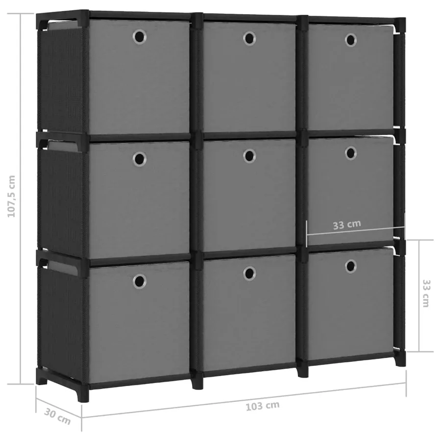 Étagère à 9 cubes avec boîtes Noir 103x30x107,5 cm Tissu - 9