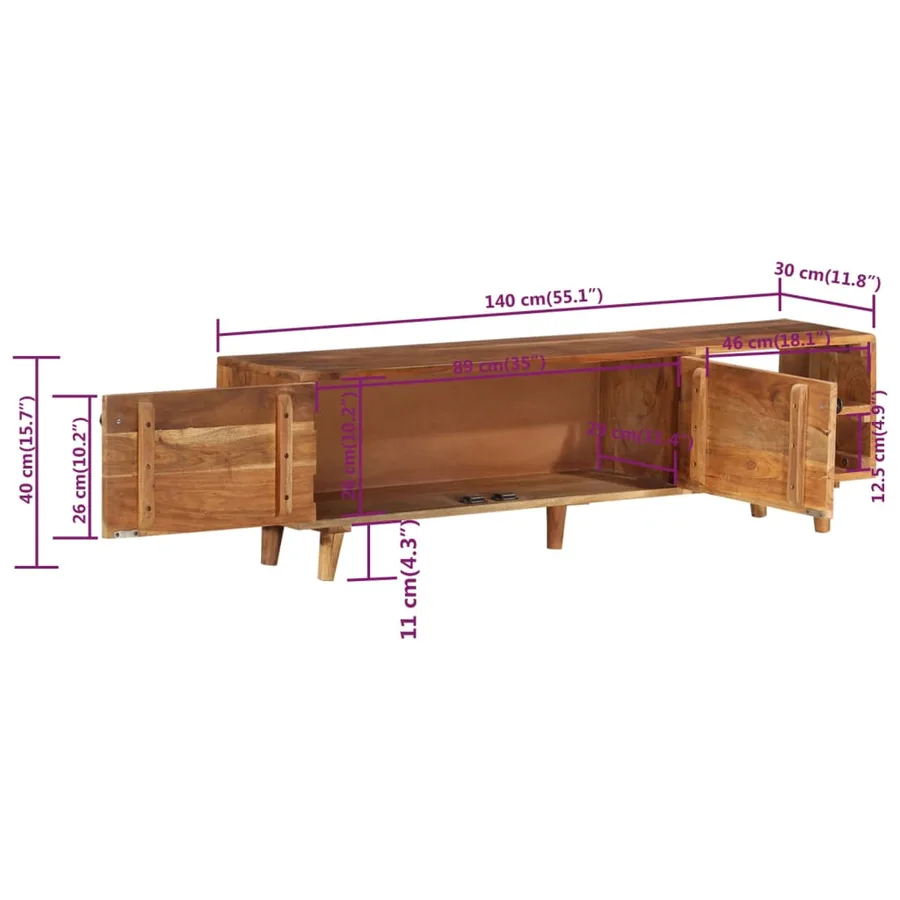 Meuble TV bois massif d'acacia avec finition miel 140x30x40 cm - 10
