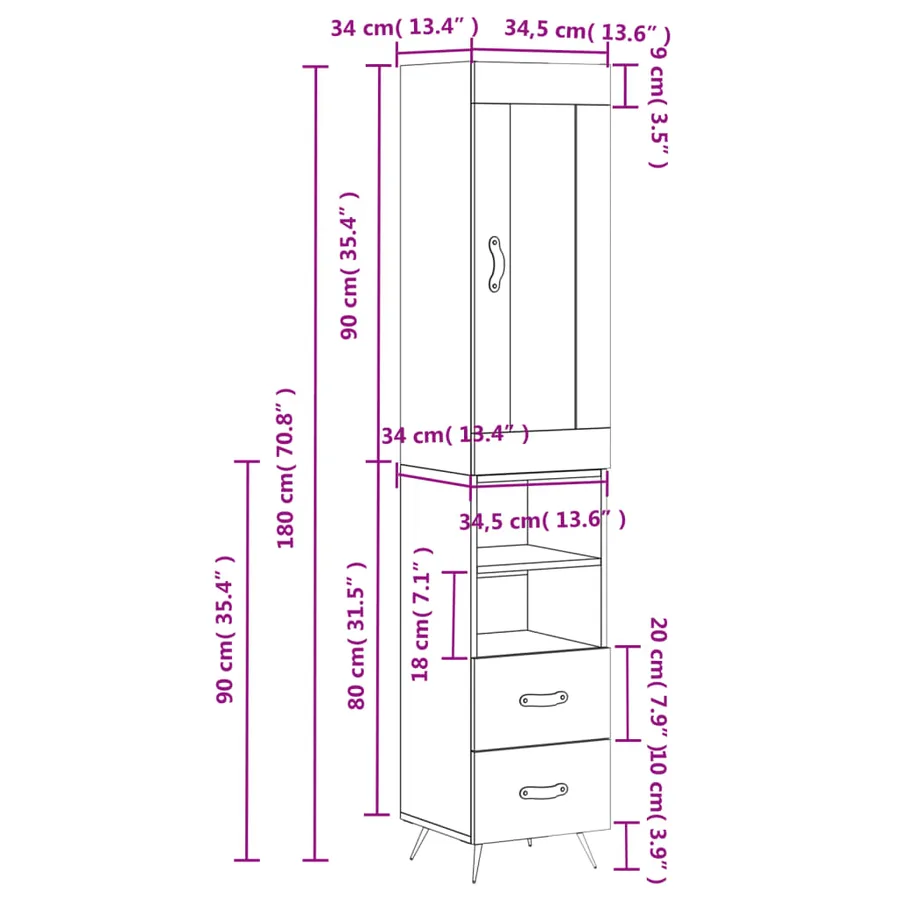 Buffet haut Sonoma gris 34,5x34x180 cm Bois d'ingénierie - 14