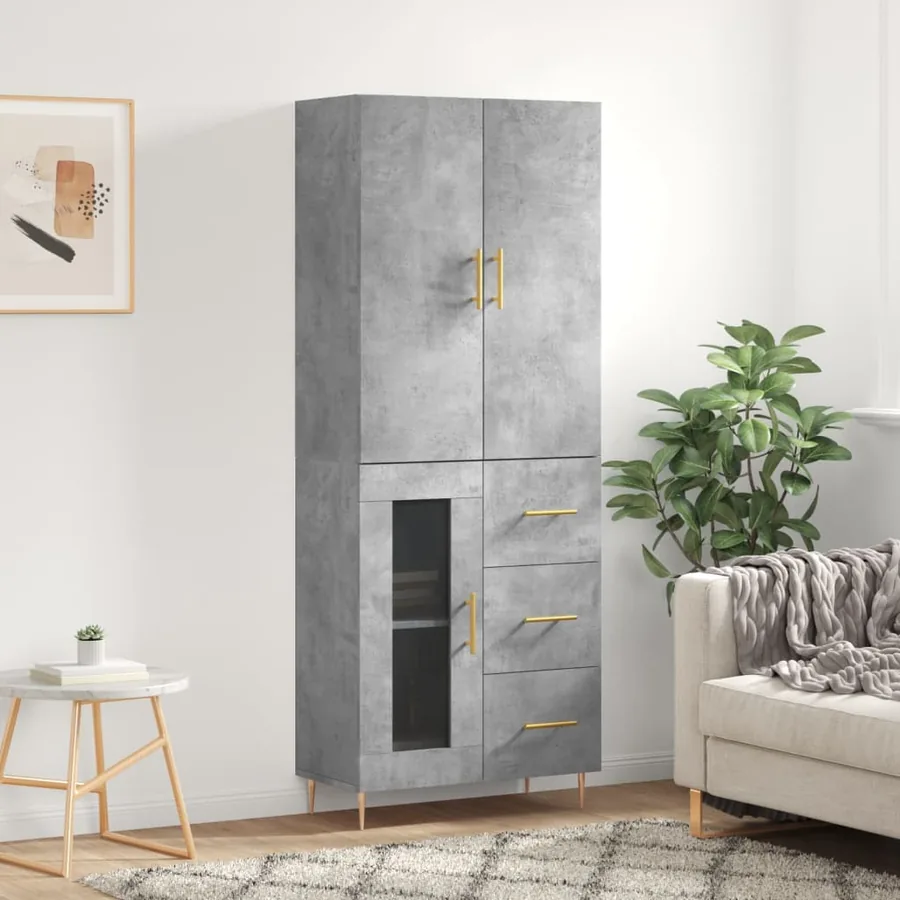 Buffet haut Gris béton 69,5x34x180 cm Bois d'ingénierie