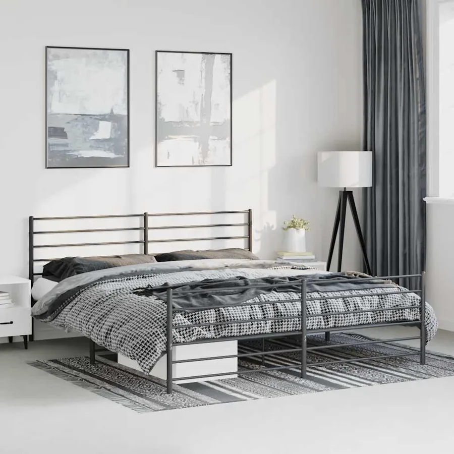 Cadre de lit métal sans matelas avec pied de lit noir 183x213cm