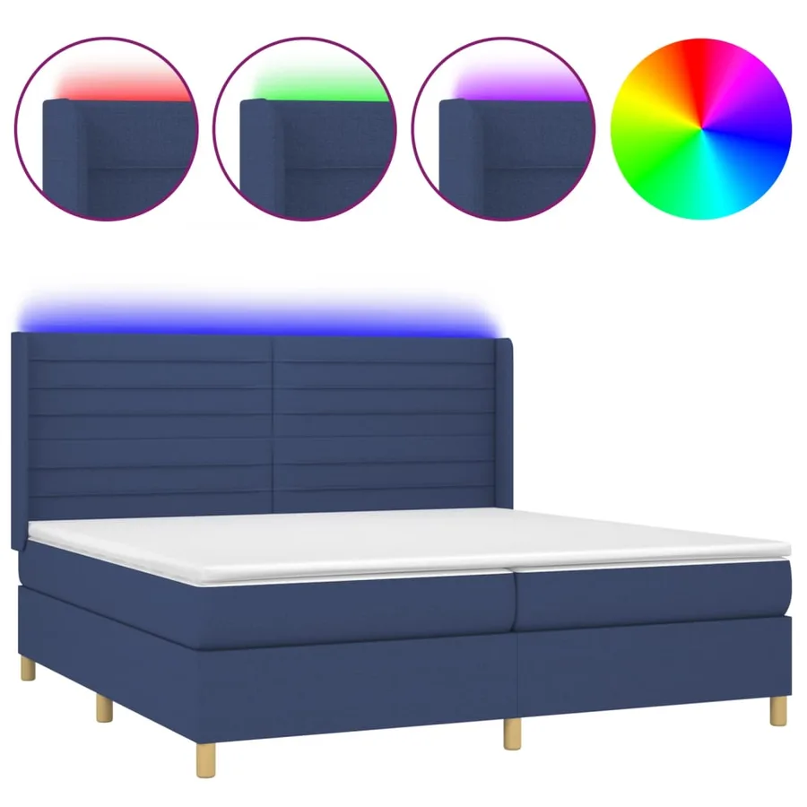 Sommier à lattes de lit et matelas et LED Bleu 200x200 cm Tissu - 2