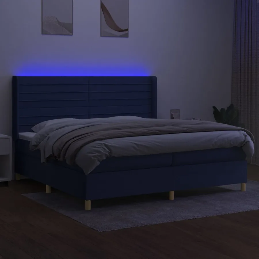 Sommier à lattes de lit et matelas et LED Bleu 200x200 cm Tissu - 3