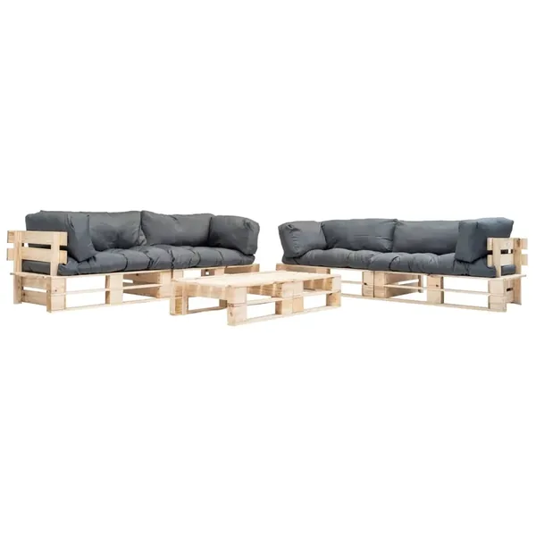 Salon de jardin palette 6 pcs avec coussins gris bois