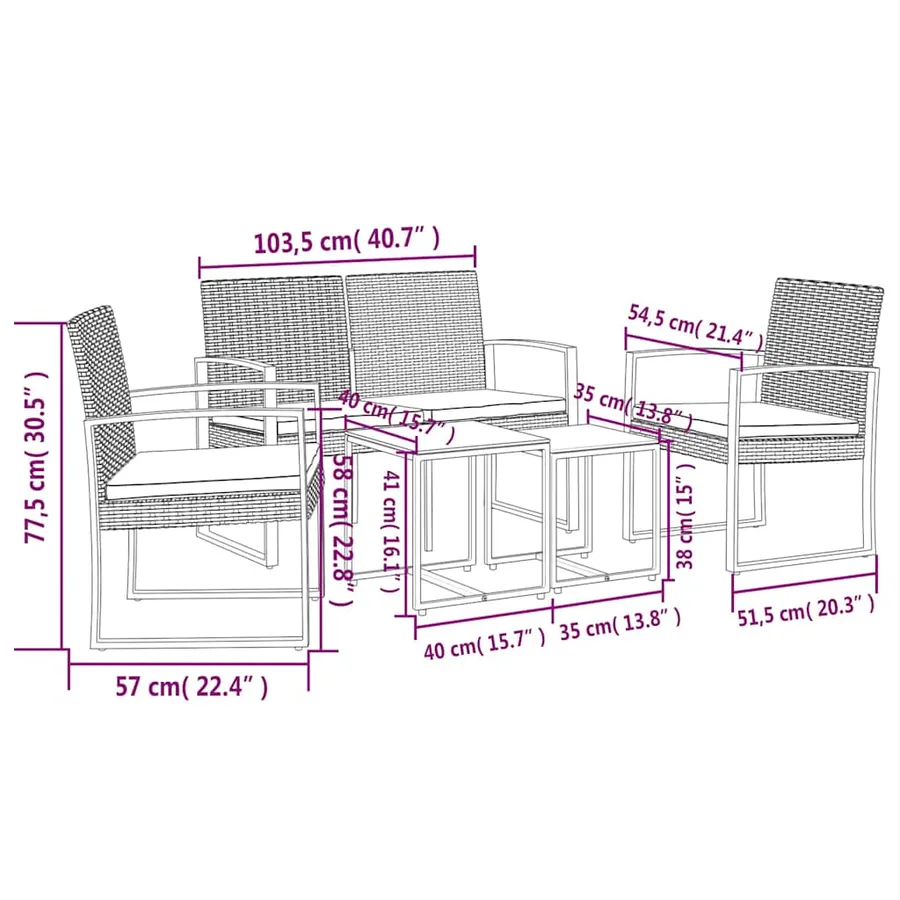 Ensemble à manger de jardin 5 pcs et coussins marron rotin PP - 6