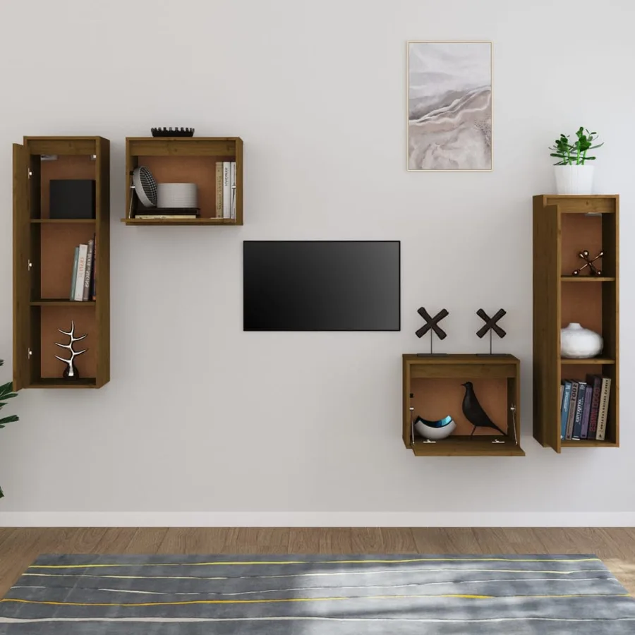 Meubles TV 4 pcs Marron miel Bois massif de pin - 3