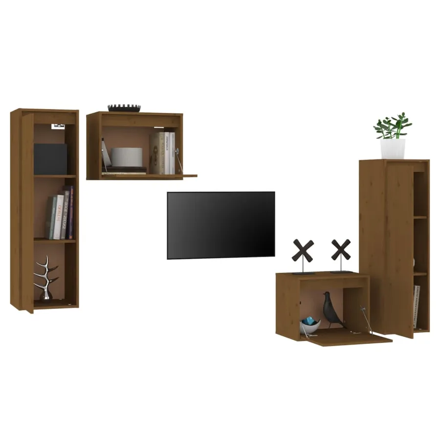 Meubles TV 4 pcs Marron miel Bois massif de pin - 4