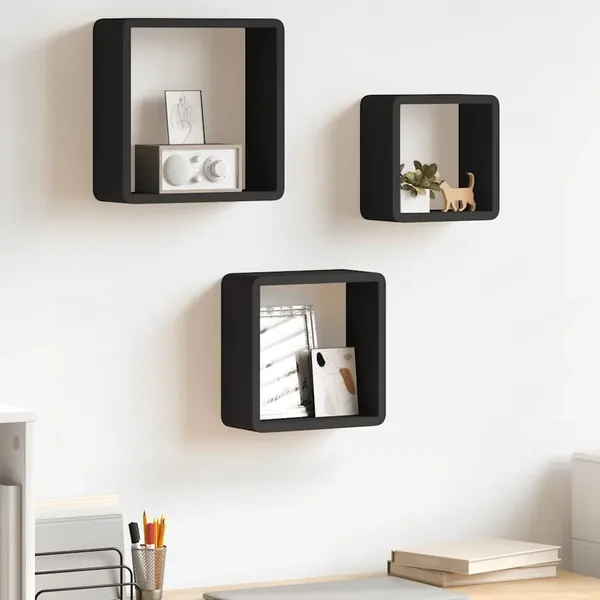 Étagères murales sous forme de cube 3 pcs Noir MDF