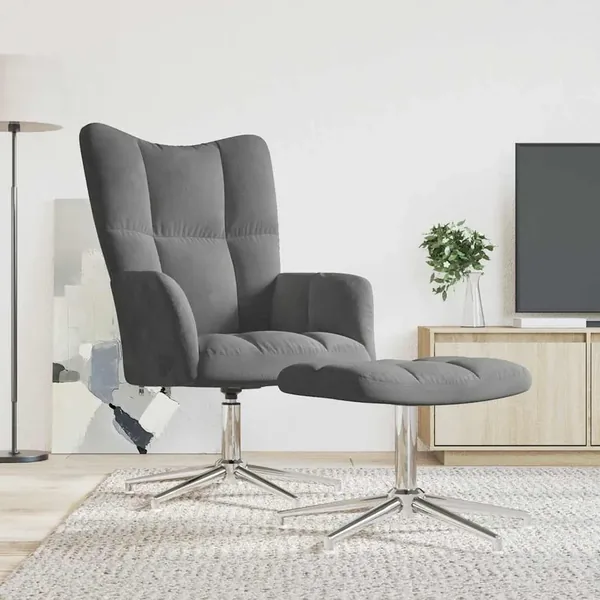 Chaise de relaxation avec tabouret Gris foncé Velours