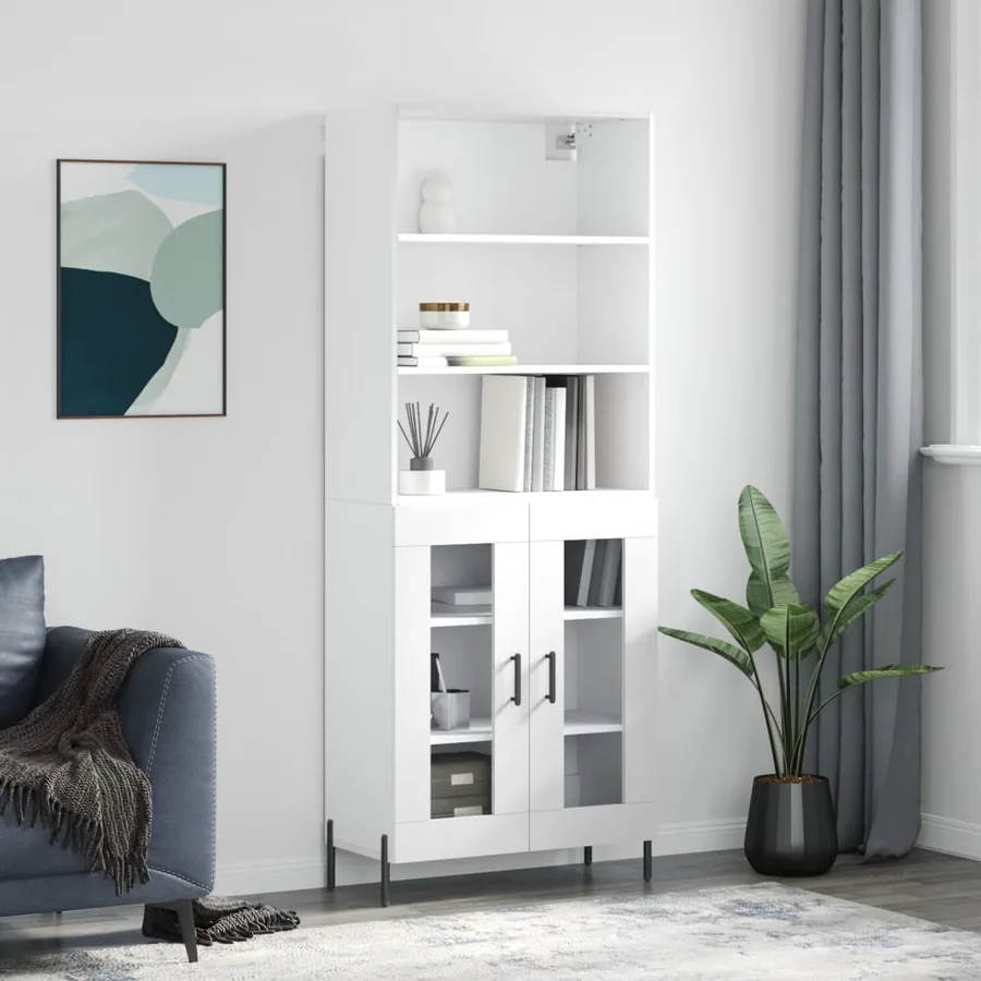 Buffet haut Blanc brillant 69,5x34x180 cm Bois d'ingénierie