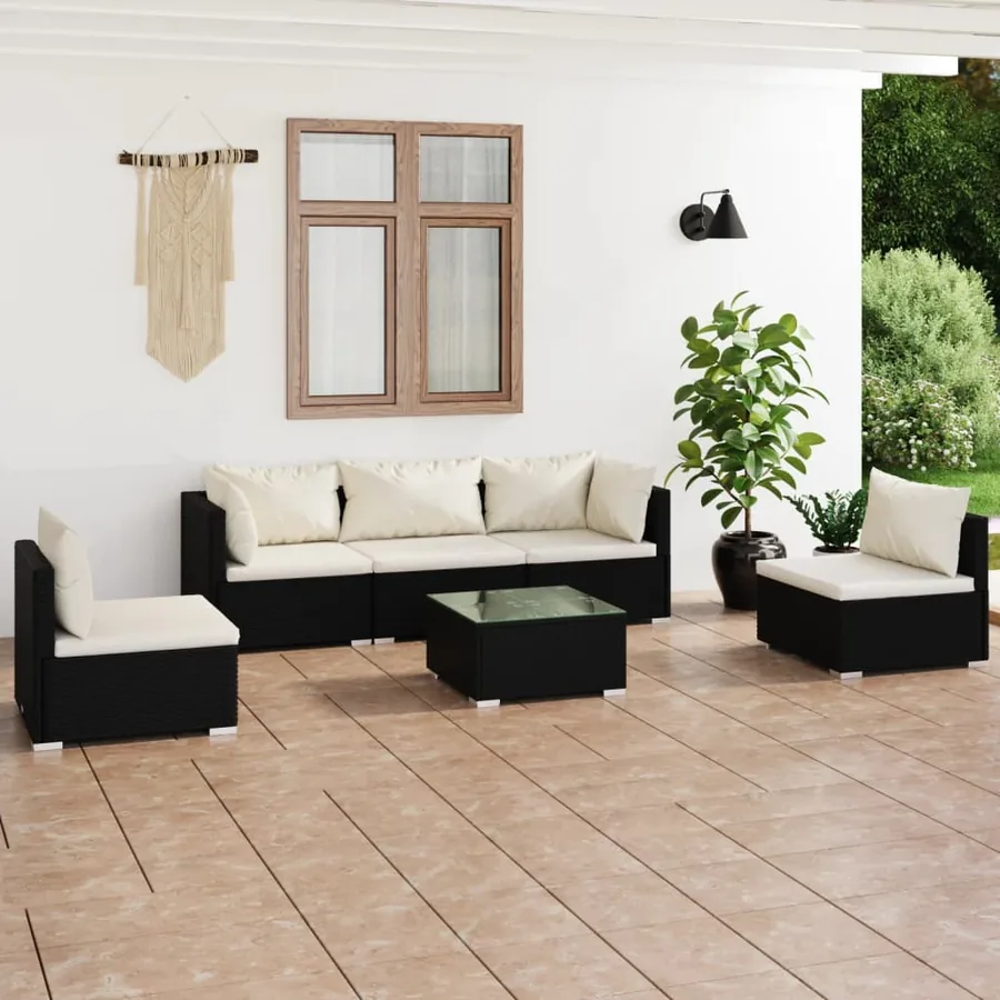Salon de jardin 6 pcs avec coussins Résine tressée Noir