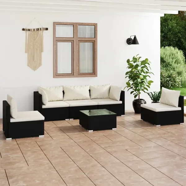 Salon de jardin 6 pcs avec coussins Résine tressée Noir