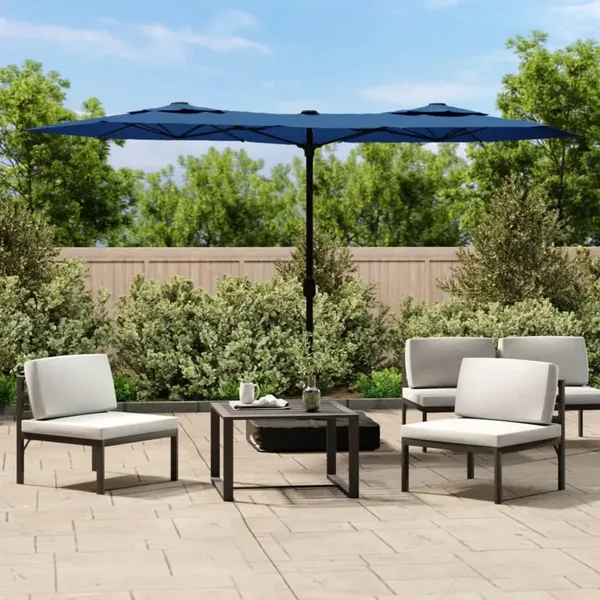 Parasol de jardin à double tête avec LED bleu azuré 316x145 cm