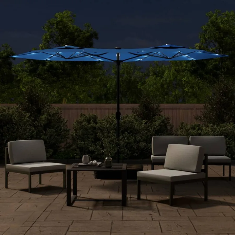 Parasol de jardin à double tête avec LED bleu azuré 316x145 cm - 3