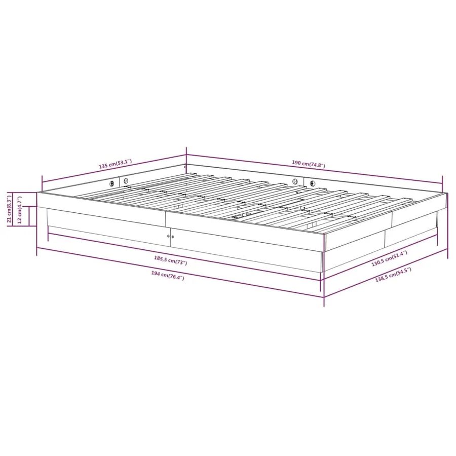 Cadre de lit sans matelas gris bois massif - 8
