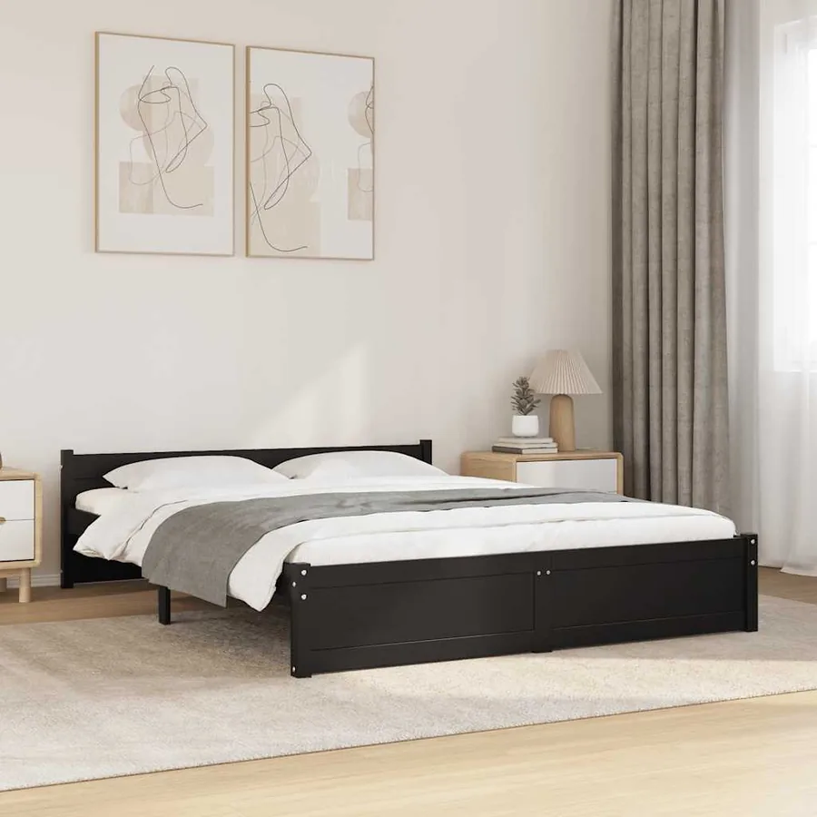 Cadre de lit sans matelas noir bois massif 150x200 cm