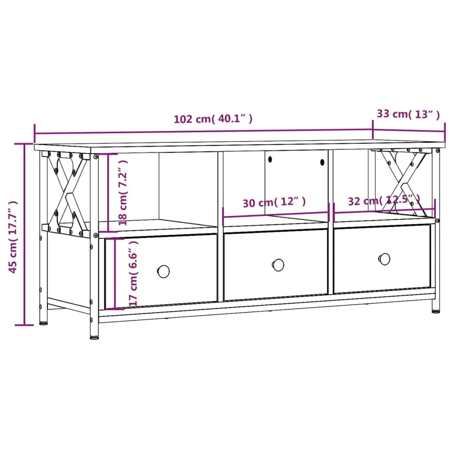 Meuble TV chêne marron 102x33x45 cm bois d'ingénierie et fer - 11
