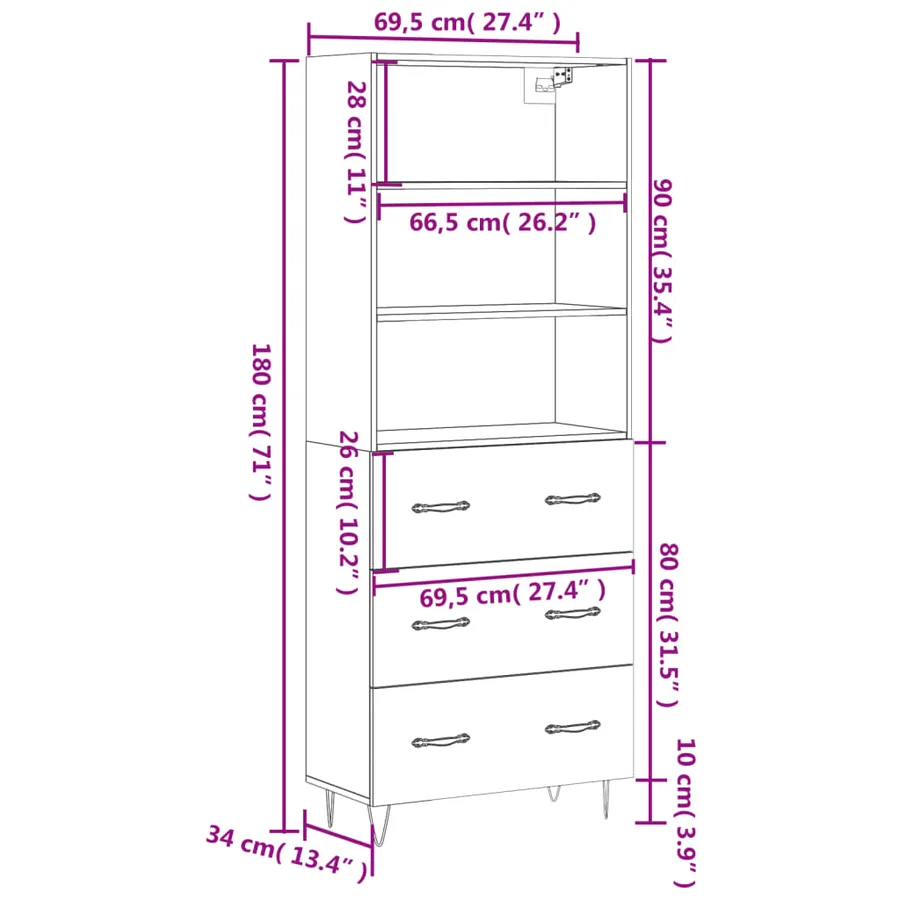 Buffet haut Blanc 69,5x34x180 cm Bois d'ingénierie - 13