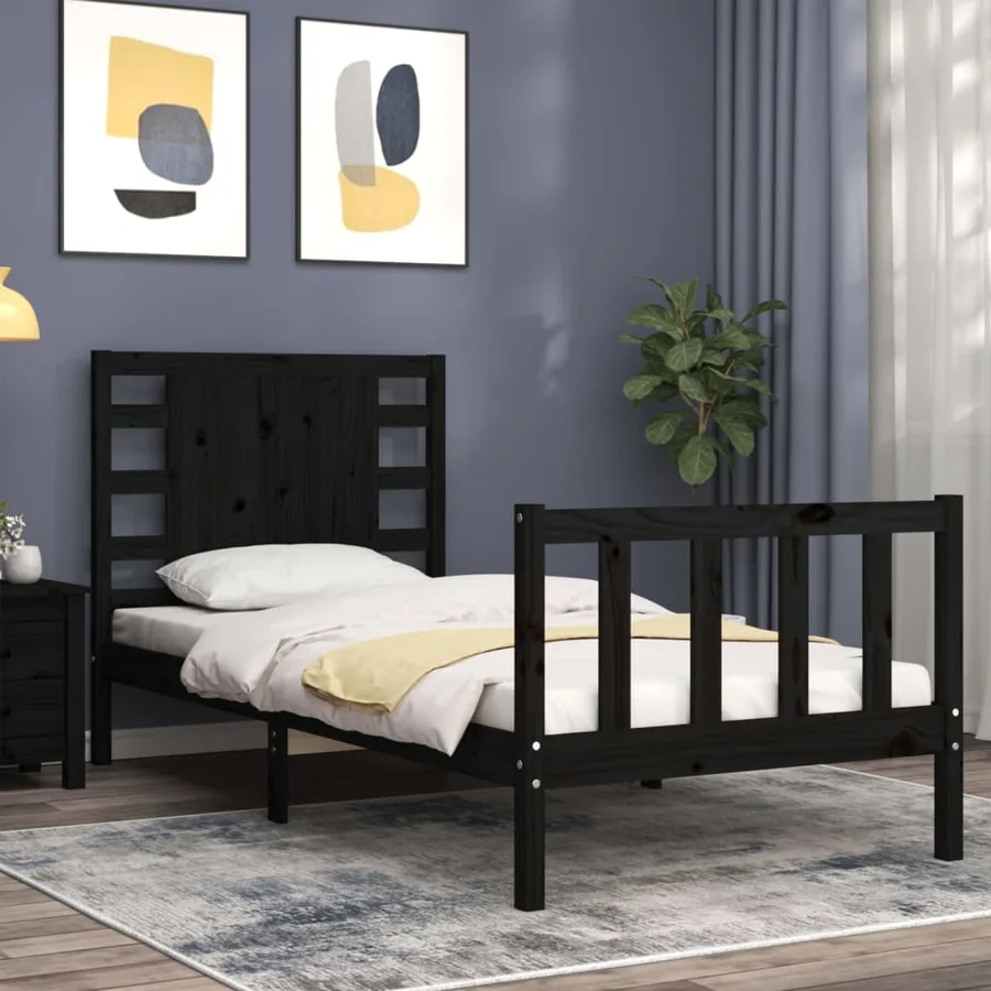 Cadre de lit sans matelas noir bois de pin massif - 3