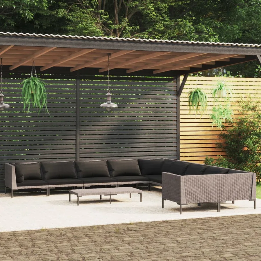 Salon de jardin 11 pcs avec coussins Résine tressée Gris foncé