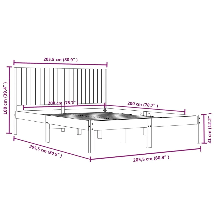 Cadre de lit sans matelas noir 200x200 cm bois massif de pin - 6