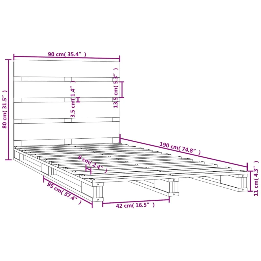 Cadre de lit 90x190 cm Bois de pin massif Simple - 12