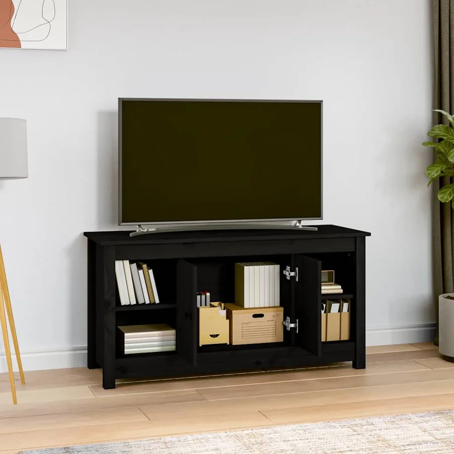 Meuble TV Noir 103x36,5x52 cm Bois de pin massif - 6