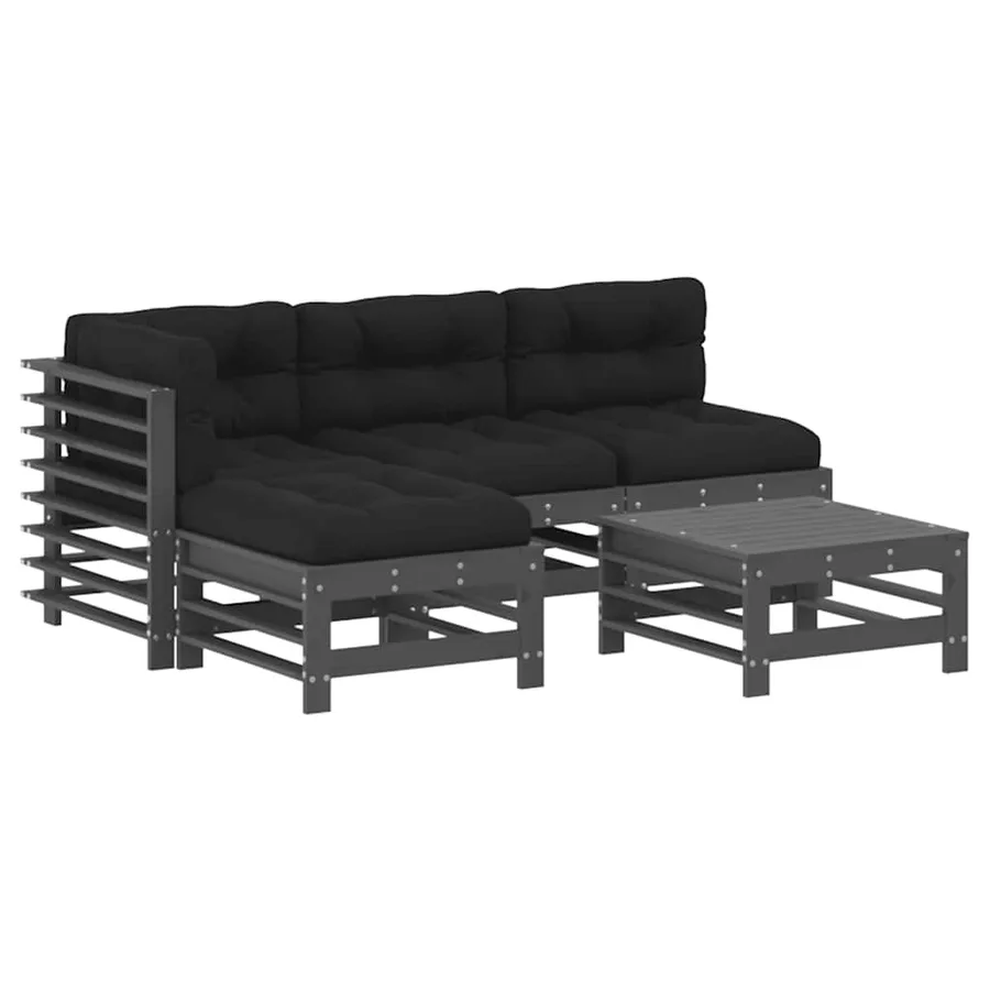 Salon de jardin 5 pcs avec coussins gris bois massif - 2