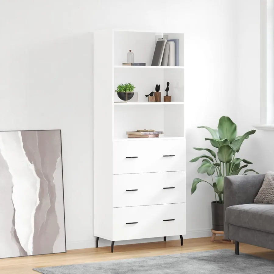 Buffet haut Blanc brillant 69,5x34x180 cm Bois d'ingénierie