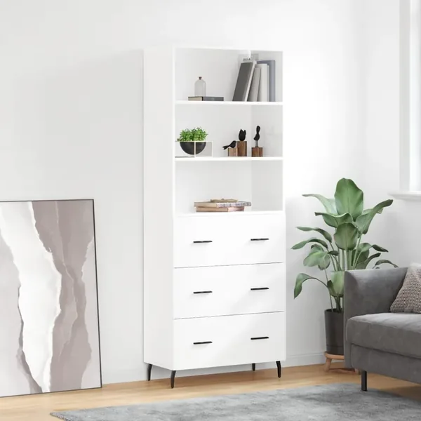 Buffet haut Blanc brillant 69,5x34x180 cm Bois d'ingénierie