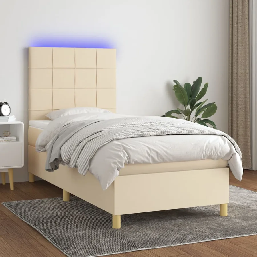 Sommier à lattes de lit et matelas et LED Crème 90x200 cm Tissu