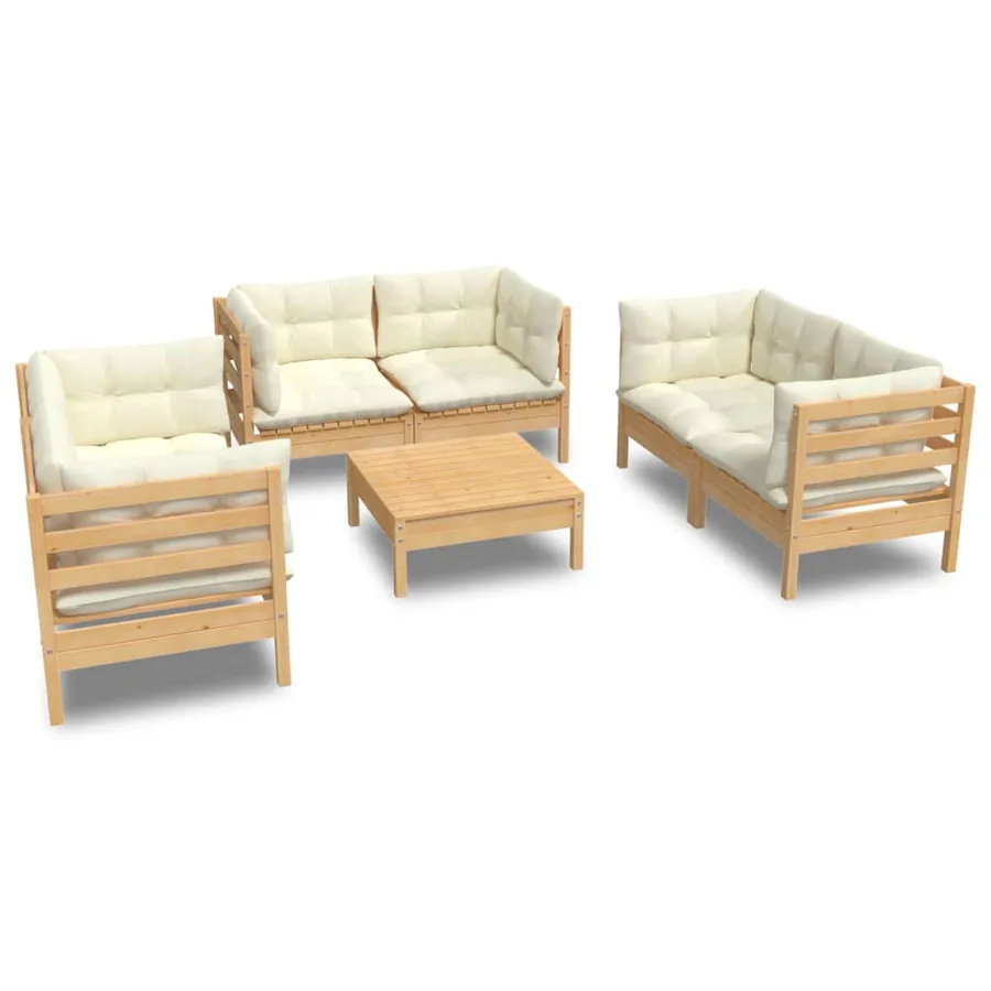 Salon de jardin 7 pcs avec coussins crème bois de pin massif - 2