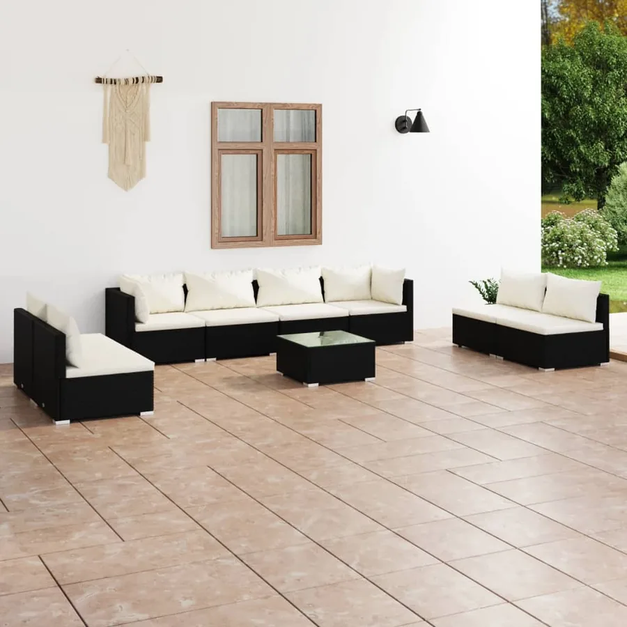 Salon de jardin 9 pcs avec coussins Résine tressée Noir