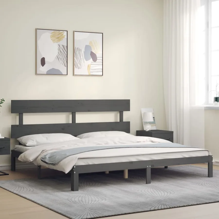 Cadre de lit sans matelas gris 200x200 cm bois massif de pin - 3