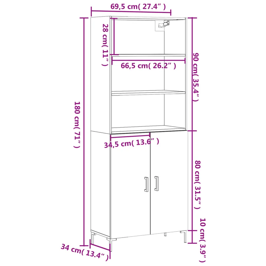Buffet haut Blanc brillant 69,5x34x180 cm Bois d'ingénierie - 13