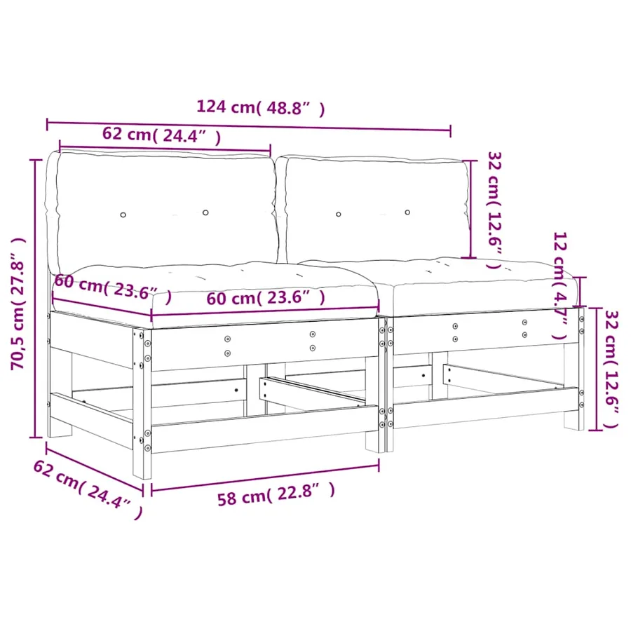Canapés centraux avec coussins 2 pcs blanc bois de pin massif - 9
