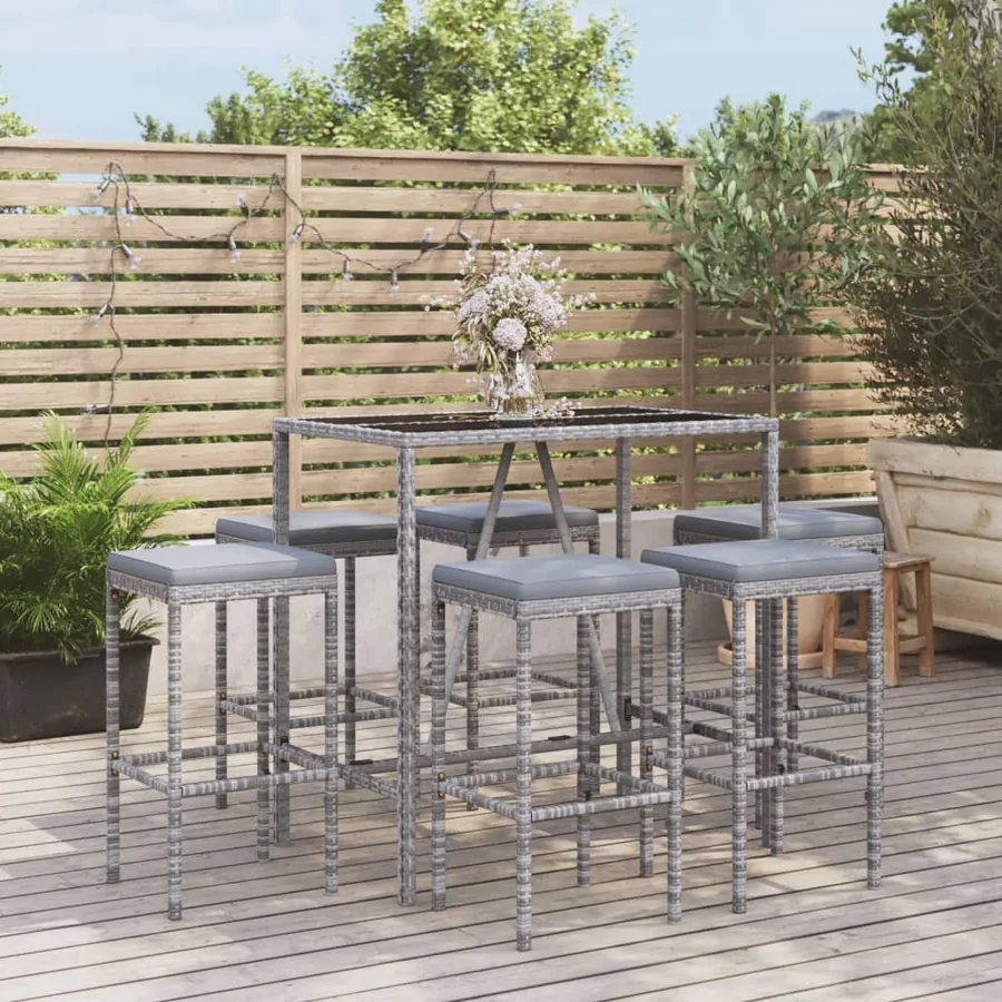 Ensemble de bar de jardin 7 pcs avec coussins gris poly rotin