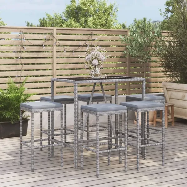 Ensemble de bar de jardin 7 pcs avec coussins gris poly rotin