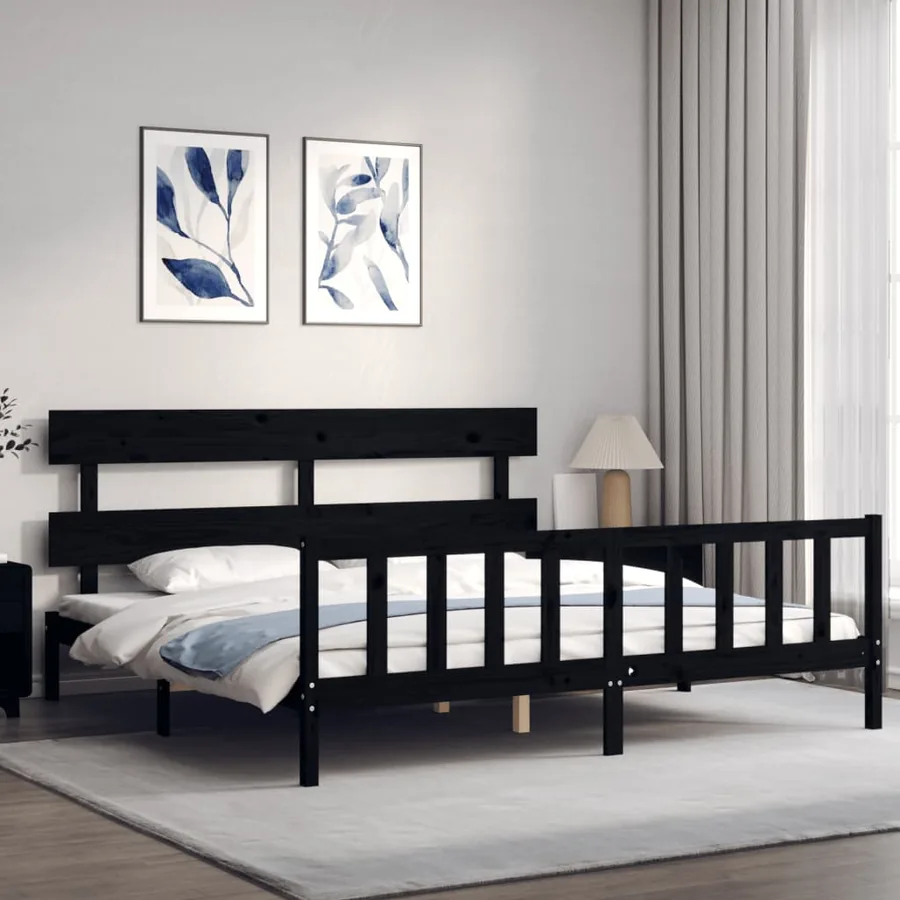 Cadre de lit sans matelas noir 200x200 cm bois massif de pin - 3