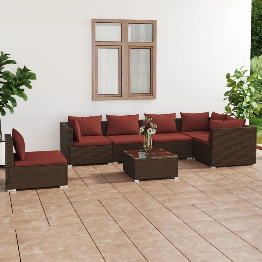 Salon de jardin 7 pcs avec coussins Résine tressée Marron