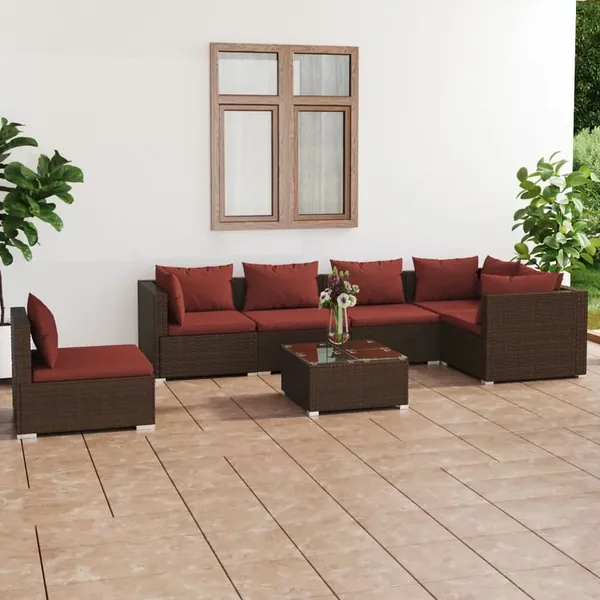 Salon de jardin 7 pcs avec coussins Résine tressée Marron