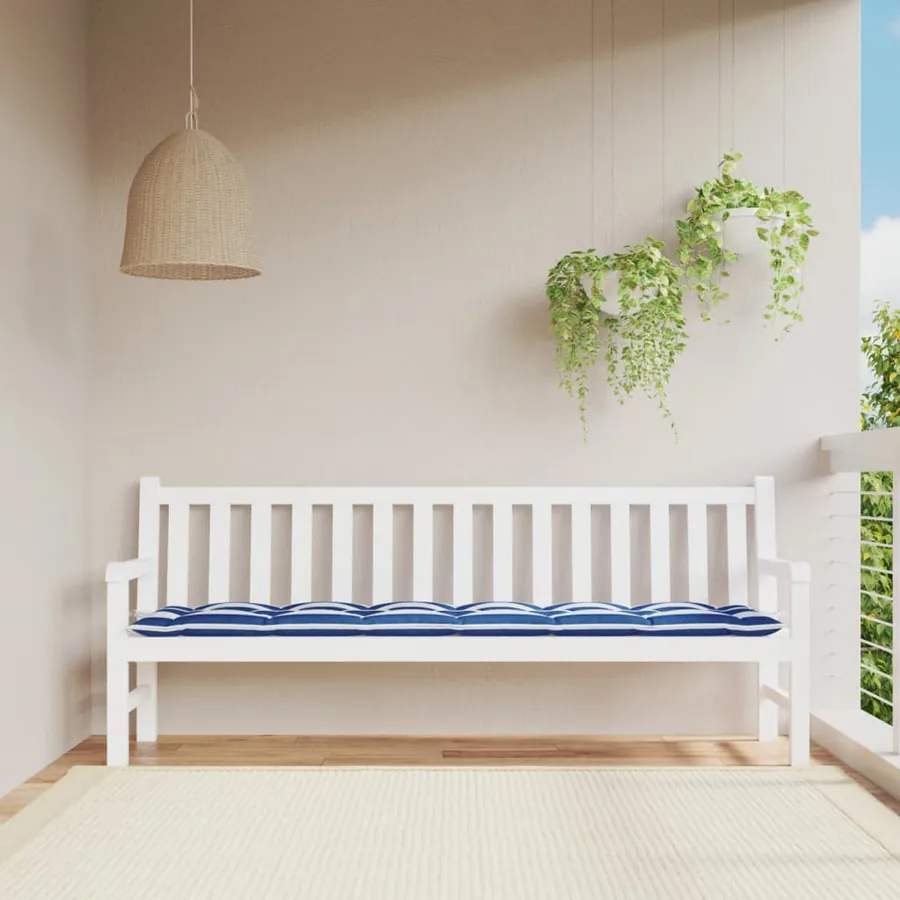 Coussin de banc de jardin rayures bleues et blanches 200x50x7cm