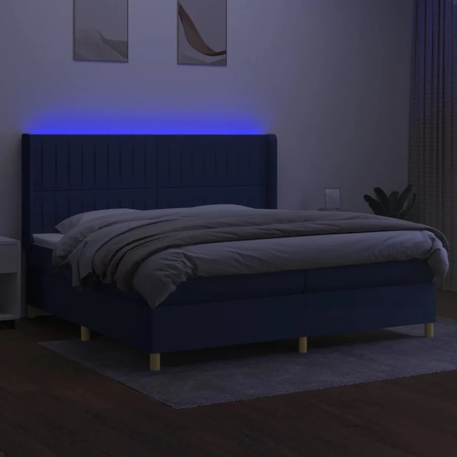 Sommier à lattes de lit matelas et LED Bleu 200x200 cm Tissu - 3